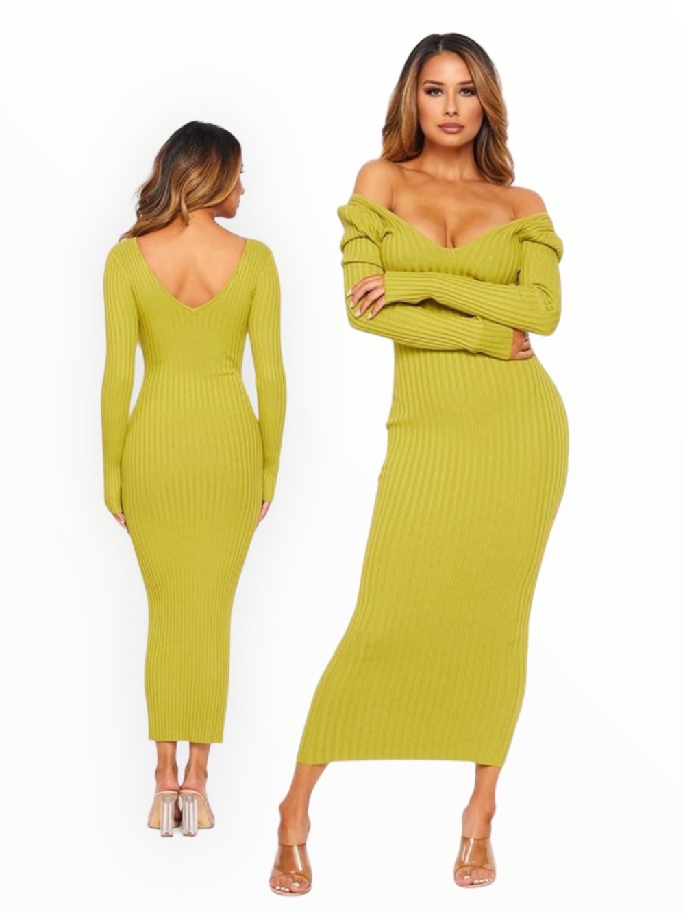 Off-Shoulder Rib Knit Maxi Dress in Chartreuse
